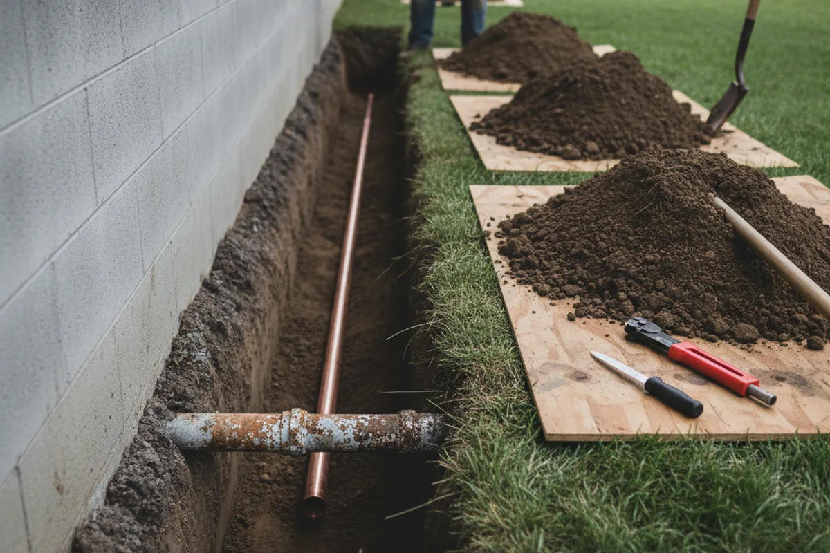 Excavated water line trench during Water Softener Installation in Rocky Top